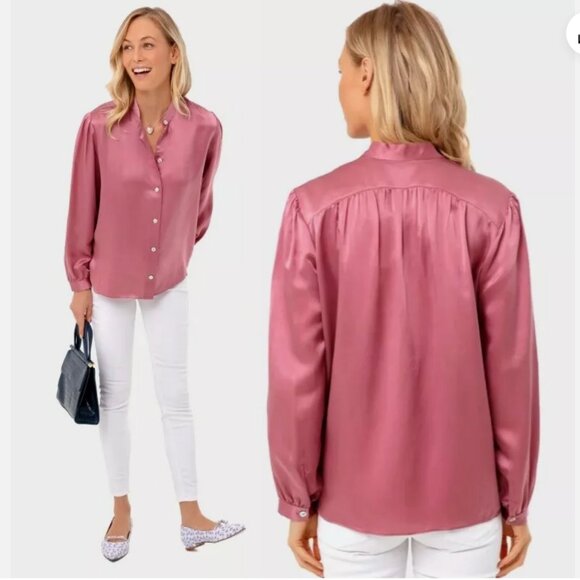 Vince shirred band-collar pink button down blouse in rose root - Picture 2 of 11